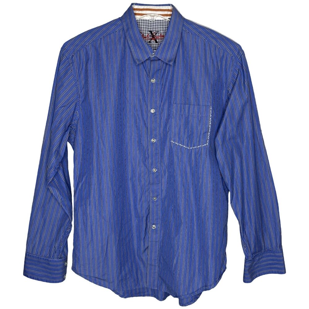 Robert Graham Shirt Mens XL Blue White Striped Collared Flip Cuff Career Casual